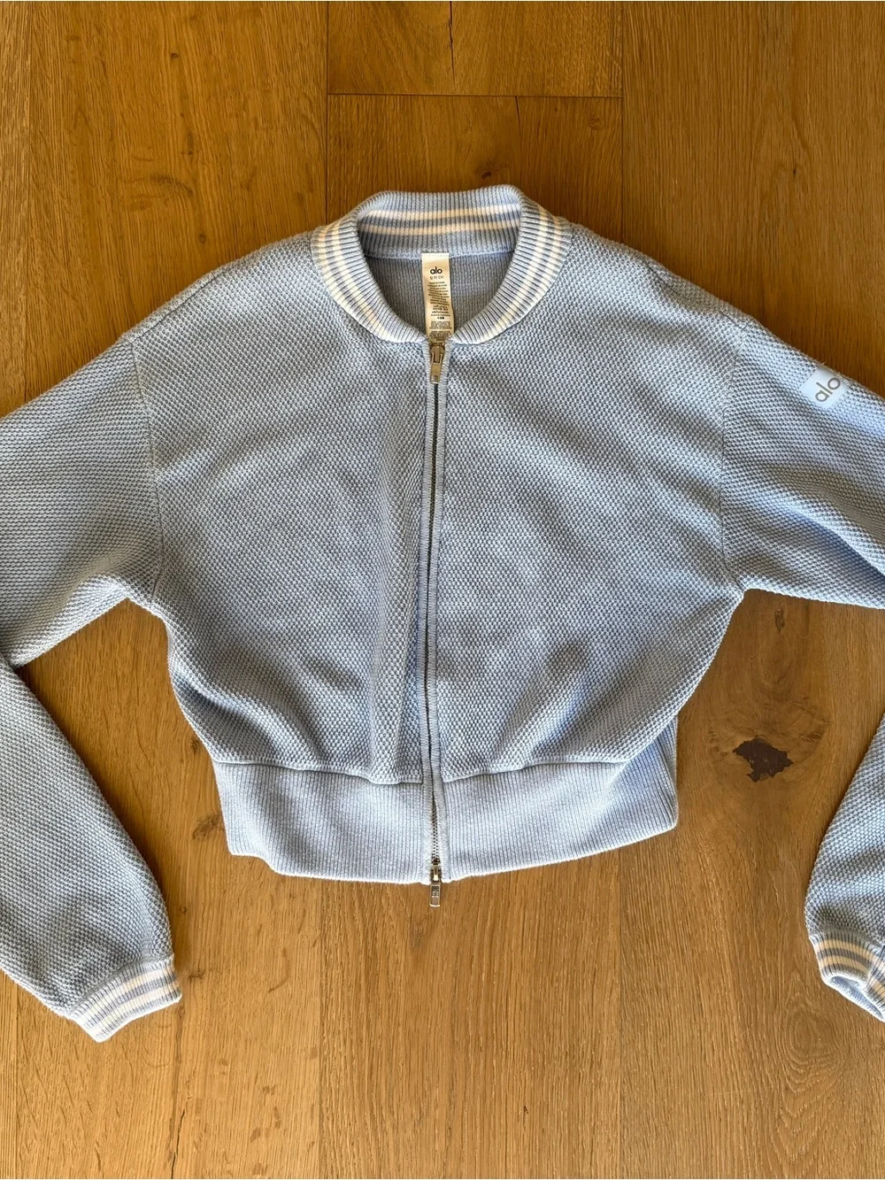 ALO Yoga Seashell Blue Blue Zip-Front Cropped Knit Sweater Jacket